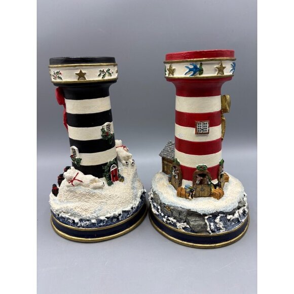 Vtg 90s Danbury Mint Set Of 2 Lighthouse Candle Stick Holders Christmas Design - Picture 4 of 8